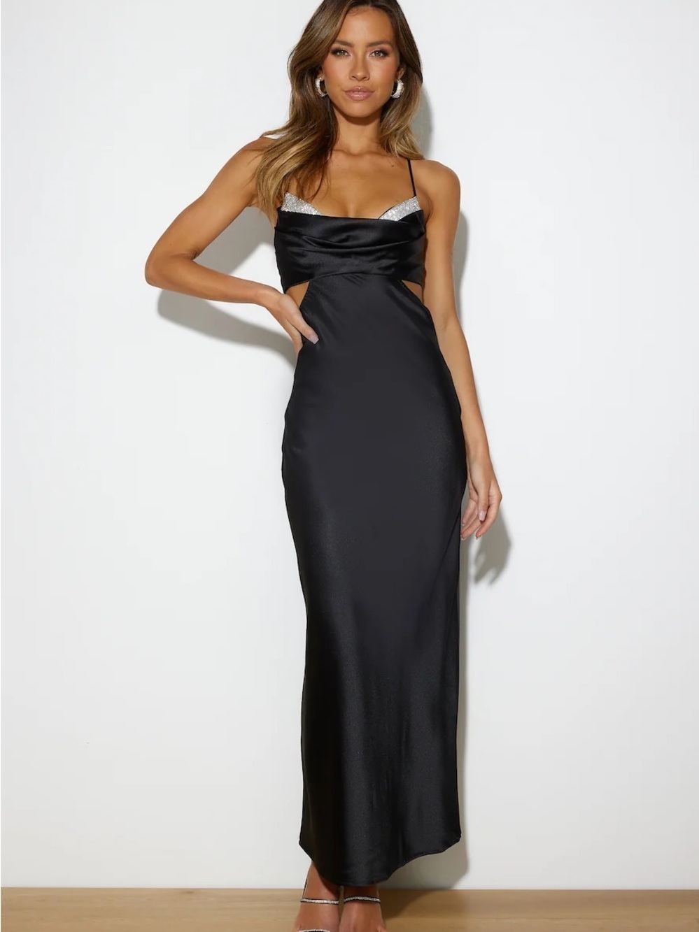 Hello Molly Black Satin Spaghetti-Strap Cutout Maxi Dress with Silver Trim SZ 4